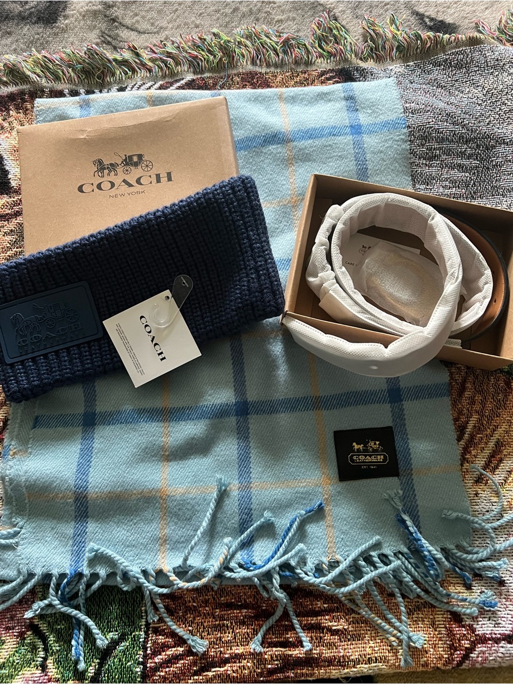 COACH Navy Knit Logo Headband with Patch ,Blue Belt and Scarf
